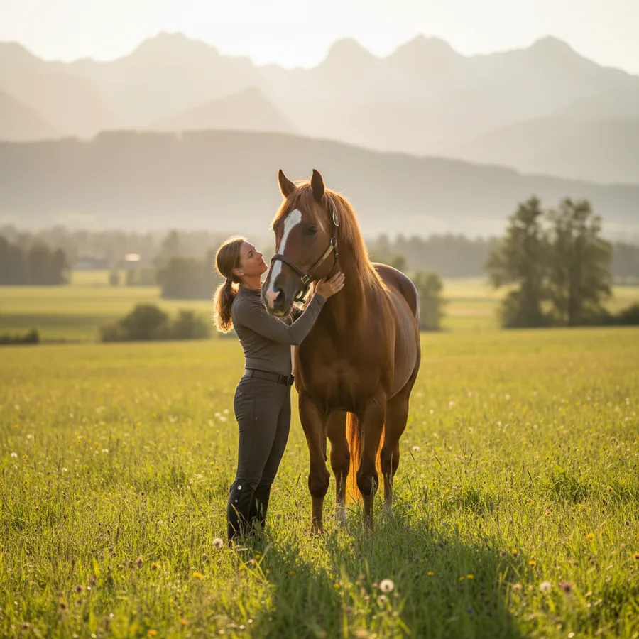 Reiterin umarmt ihr Pferd auf einer sonnigen Wiese